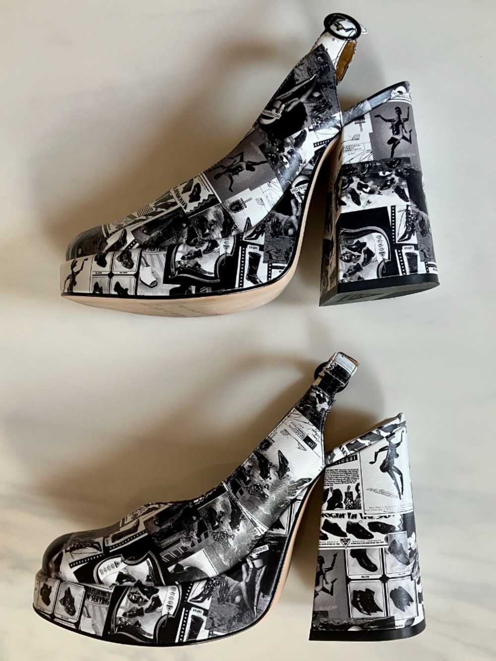 WITH BOX John Fluevog Ternura Newsprint Slingback Platform Heels 10 - Picture 4 of 8